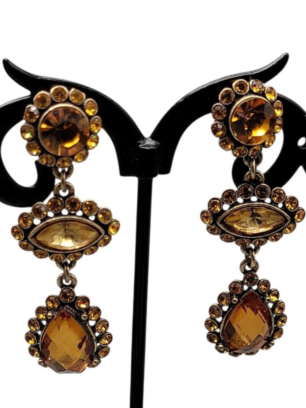 IMANon Signed Earrings Amber Rhinestone Dangle Drop Statement Fashion Jewelry - Picture 2 of 7